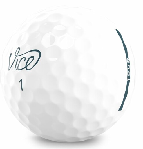 Close-up of VICE Tour Golf Balls alignment line.