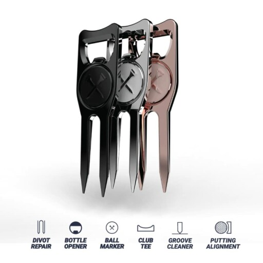 Golf divot tool with ergonomic design and blue accents.