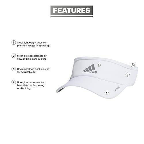 Adidas white sports visor with features listed.