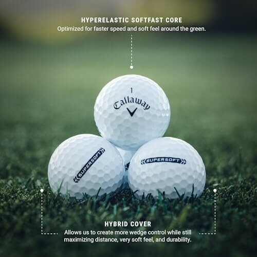 Callaway golf balls highlighting hyperelastic core and hybrid cover features.