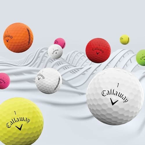 Colorful Callaway golf balls floating with abstract wave background.