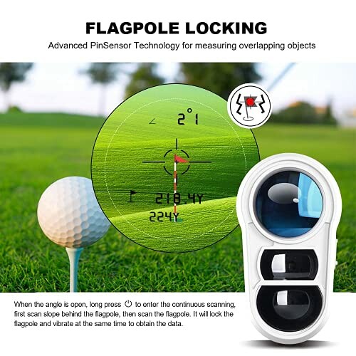 Golf rangefinder with flagpole locking technology over a golf ball on grass