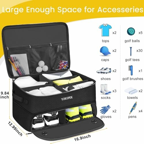 Golf accessory organizer with compartments for tops, caps, shoes, socks, gloves, and golf equipment.