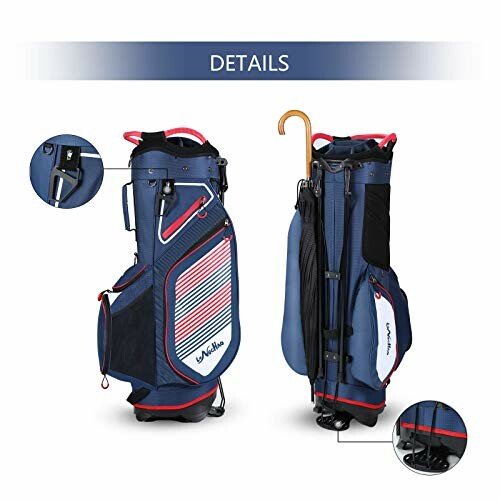 Blue and red golf bag with pockets and umbrella holder.