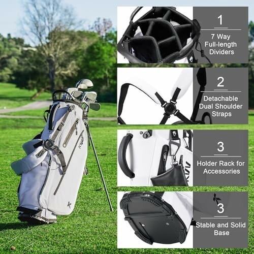 Golf bag with dividers, shoulder straps, holder rack, and solid base