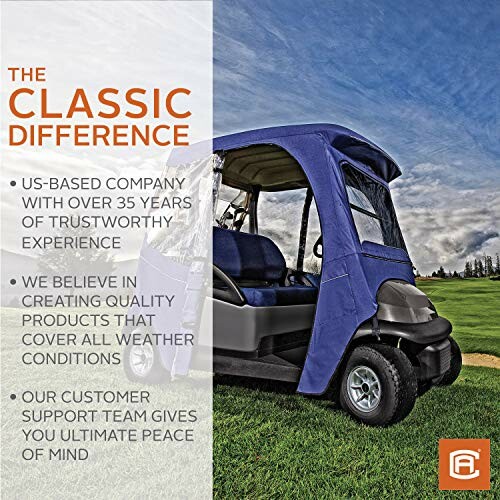 Promotional image of a golf cart with a protective cover on a grassy field, highlighting the classic difference and company values.