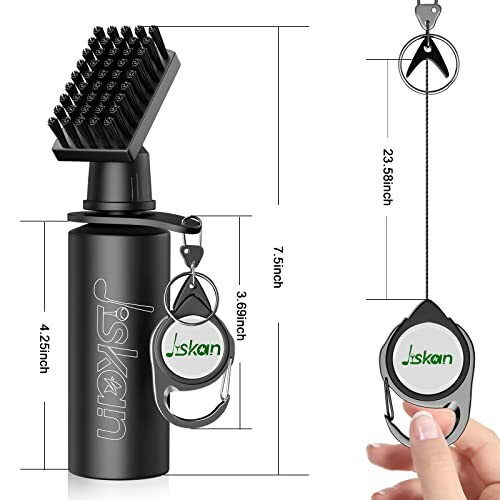 Golf club cleaning brush with retractable clip and water spray bottle.