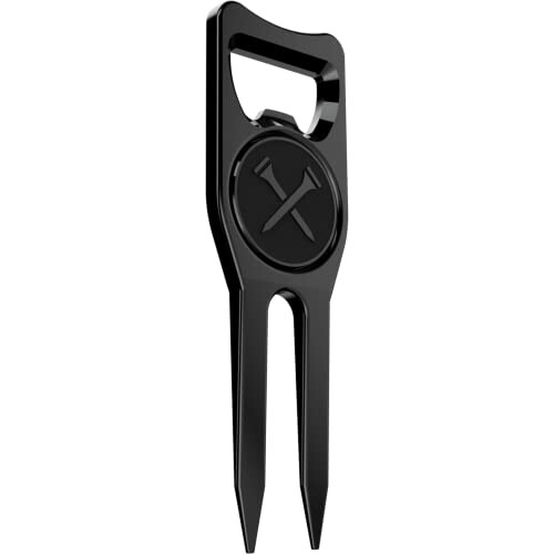 Black golf divot repair tool with crossed clubs design.