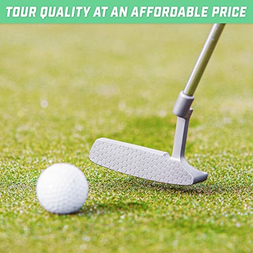 Close-up of a golf putter and ball on a green with text 'Tour Quality at an Affordable Price'.