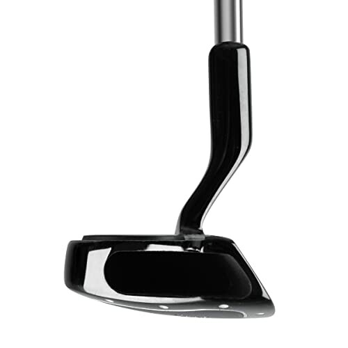 Close-up of a black golf putter club.