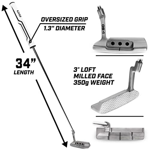 Golf putter with oversized grip, 34-inch length, 3-degree loft, milled face, 350g weight.