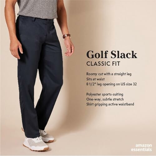 Man wearing Amazon Essentials golf slack, classic fit, with description.