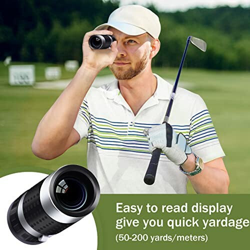 Golfer using a rangefinder on a golf course.