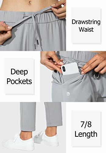 Gray pants with drawstring waist, deep pockets, and 7/8 length.