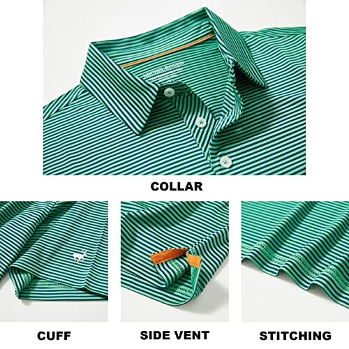 Green striped polo shirt showing collar, cuff, side vent, and stitching details.