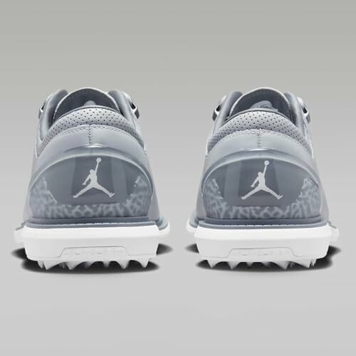 Back view of gray Nike Jordan golf shoes with logo