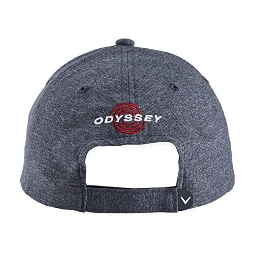 Back view of a gray Odyssey golf cap with red logo.