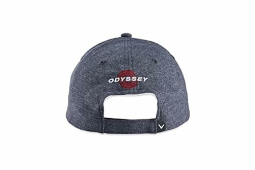 Back view of a gray Odyssey golf cap with red logo.