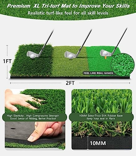 Premium XL tri-turf golf mat with realistic grass feel for skill improvement.