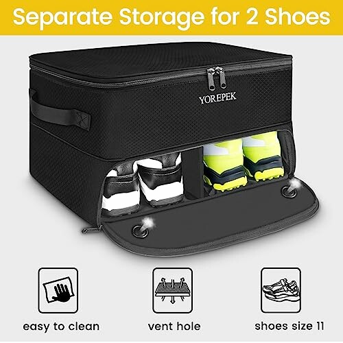 Shoe storage bag with compartments for two pairs of shoes.