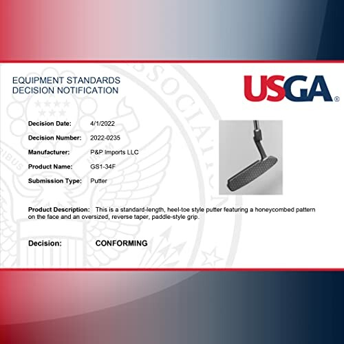 USGA equipment standards decision notification for a putter.