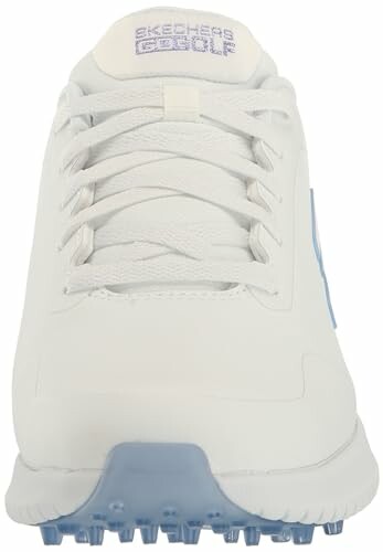 Front view of a white golf shoe with blue sole