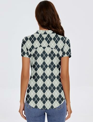 Back view of woman wearing an argyle pattern shirt with jeans.