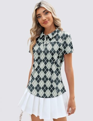 Woman wearing an argyle patterned shirt and white skirt