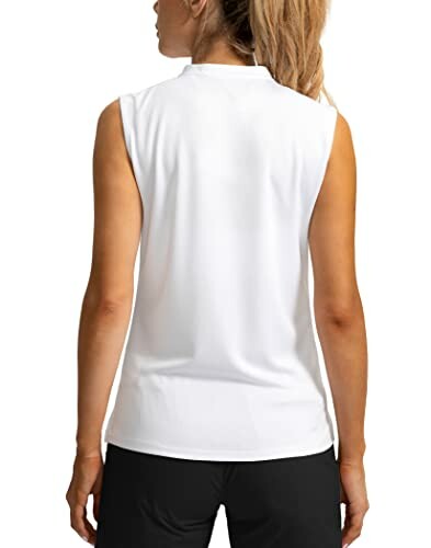 Woman in a white sleeveless shirt, viewed from the back.